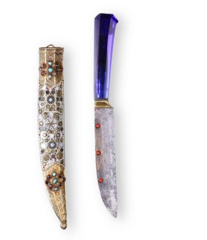 A superb inlaid walrus ivory and blue glass Ottoman knife by Artista Sconosciuto