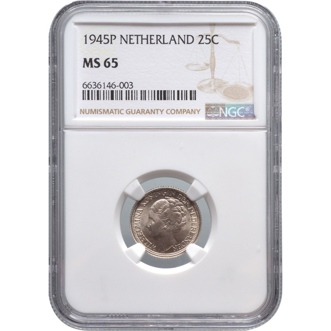 25 cent Wilhelmina NGC MS 65 by Artiste Inconnu