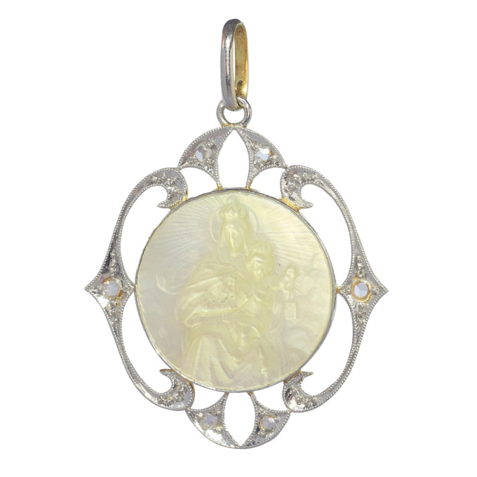 Vintage Belle Epoque - Art Deco diamond Mother Mary and baby Jesus medal by Artista Desconhecido