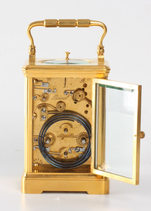 A French gilt brass quarter striking alarm carriage clock, circa 1890 by Artiste Inconnu