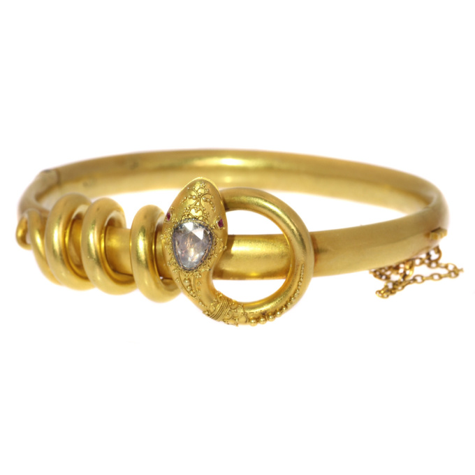 Antique Victorian 18K gold diamond bracelet snake coiled around its own body by Artista Sconosciuto