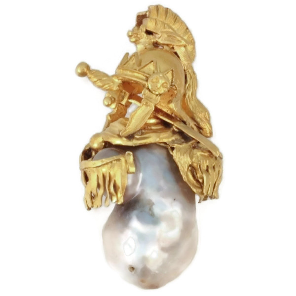 Intriguing Victorian pendant with big baroque pearl and warrior adornments by Artiste Inconnu