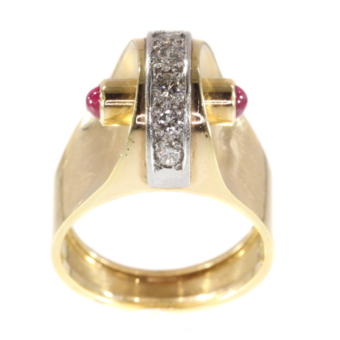 Extrovert and stylish red gold vintage Art Retro ring with diamonds and rubies by Onbekende Kunstenaar