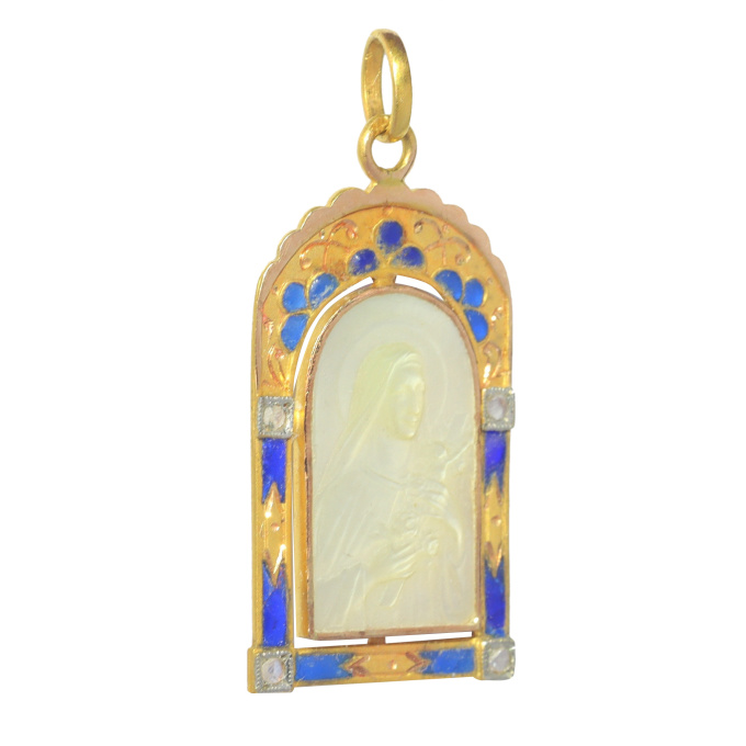 Vintage antique 18K gold mother-of-pearl medal Mother Mary with the miracle of the roses - set with diamonds and plique-a-jour enamel by Artista Sconosciuto