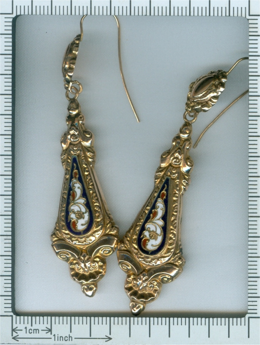 Antique gold dangle earrings with enamel Victorian era by Unknown artist