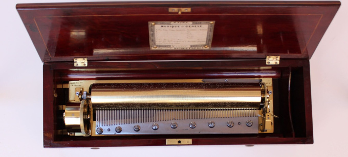 A fine Swiss Nicole Frères marquetry rosewood cylinder music box with eight airs, circa 1855 by Nicole  Frères