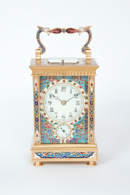 A French gilt brass cloisonne enamel carriage clock with grande sonnerie and alarm, circa 1890 by Unknown artist