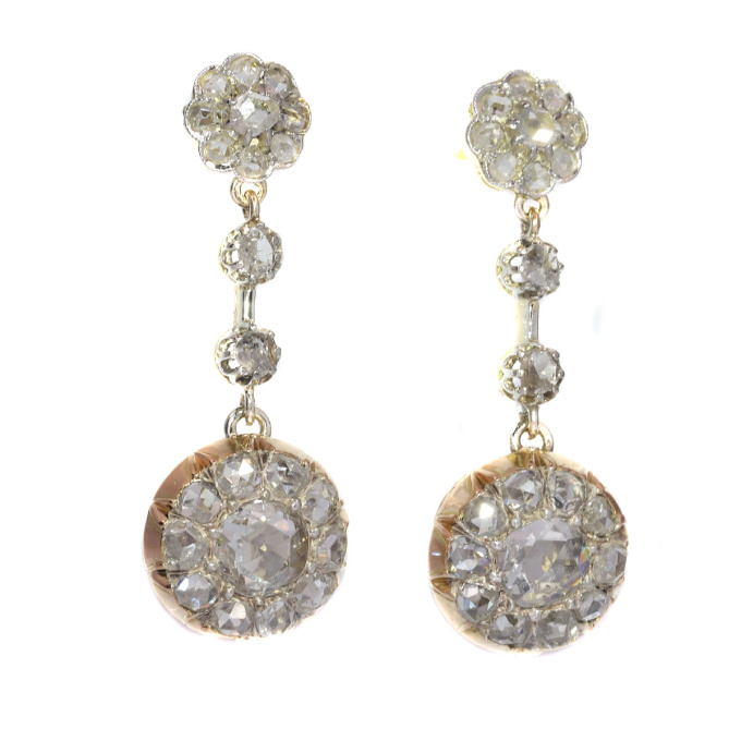 Vintage long pendant diamond earrings with 44 rose cut diamonds by Unknown artist