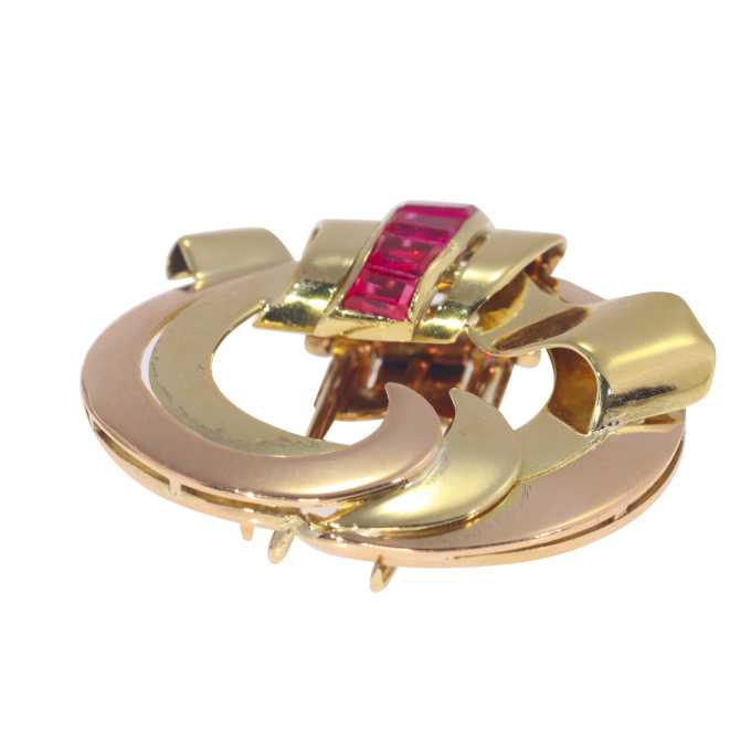 Vintage Retro 18K two tone gold brooch set with rubies by Unknown Artist
