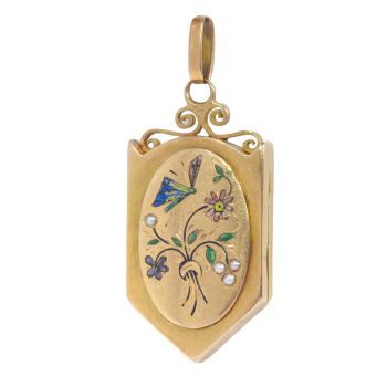 Antique 18K French gold locket with enamel work butterfly on flowers by Unknown artist