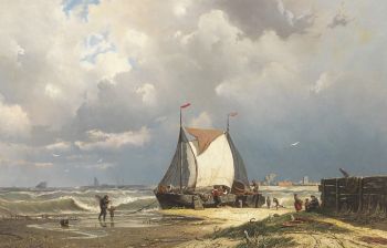 Barges near Uitdam, the tower of Ransdorp in the distance by Coen Greive