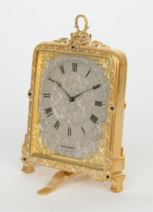 An English engraved gilt brass Cole strut clock, retailer Hunt & Roskell, circa 1855 by Thomas Cole, Hunt & Roskell