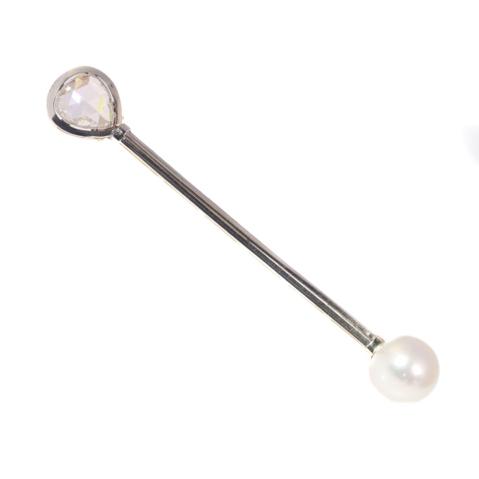 High quality Art Deco pin with large natural pearl and large rose cut diamond by Unknown Artist