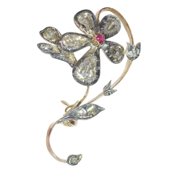 Vintage antique Victorian flower branch brooch set with large pear shaped rose cut diamonds by Unknown artist