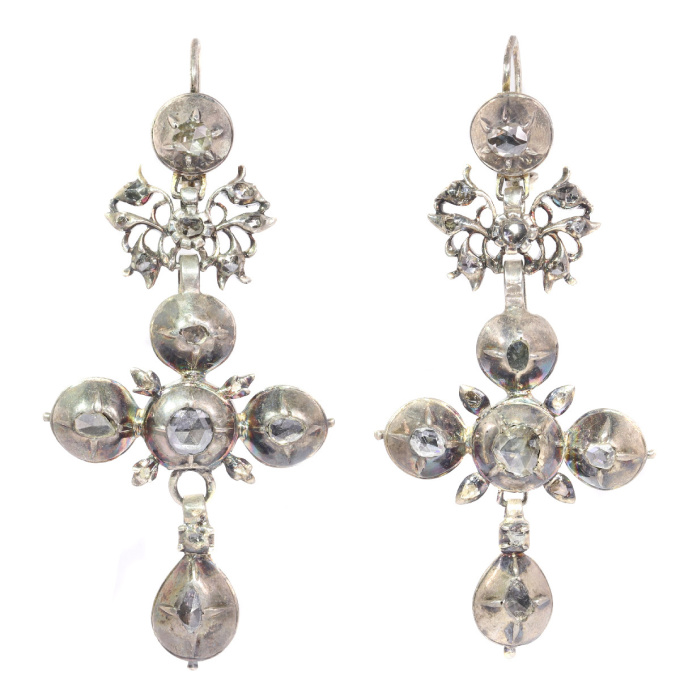 Rare Flemish cross earrings gold backed silver pendants with rose cut diamonds by Artista Desconhecido