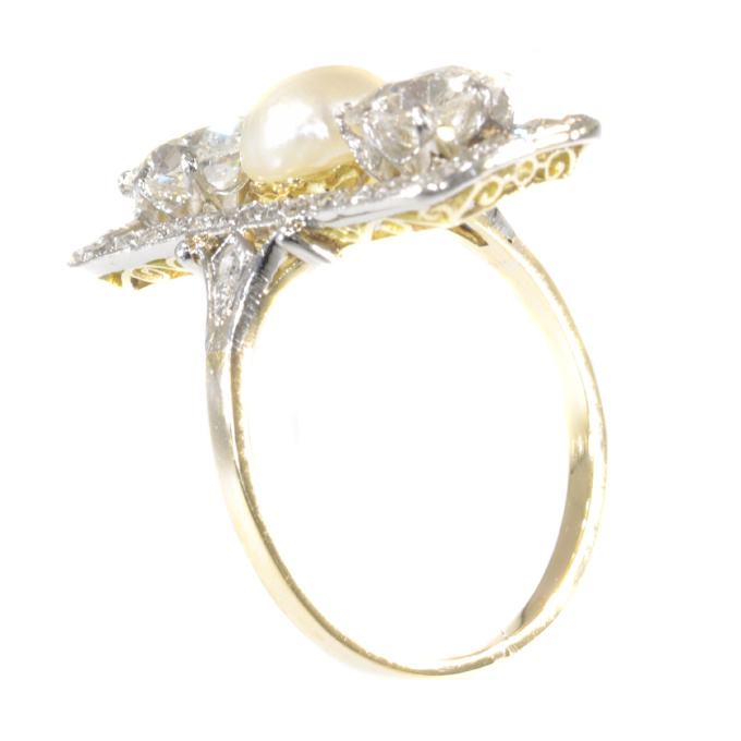 Large impressive Belle Epoque Art Deco diamond and pearl engagement ring by Artista Sconosciuto