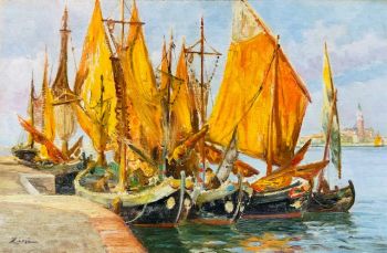 Moored sailing vessels, Venice by Umberto Zini