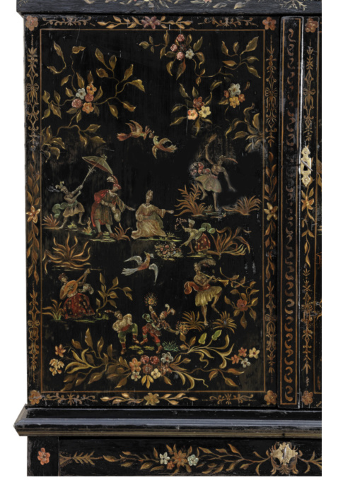 A Dutch Chinoiserie pinewood polychrome lacquered cabinet on stand by Artista Sconosciuto