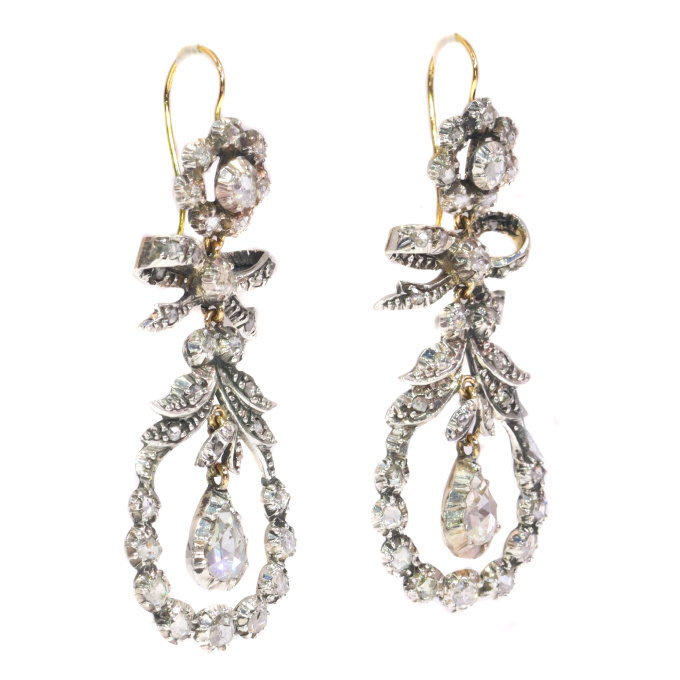 Antique 19th Century long pendent chandelier diamond earrings by Artista Sconosciuto