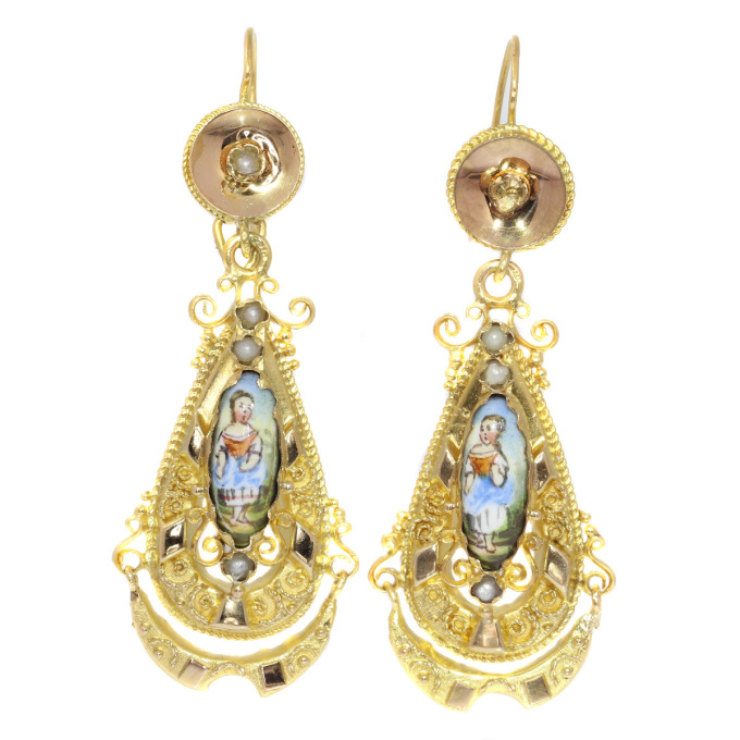 Gold Biedermeier earrings long pendant Victorian earrings with enamel by Artista Desconhecido