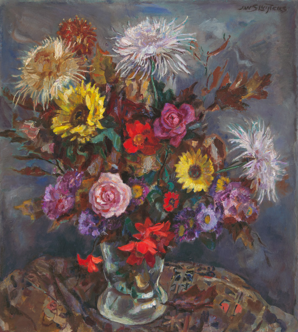 Bouquet with roses, sunflowers and chrysanthemums in a glass vase by Jan Sluijters
