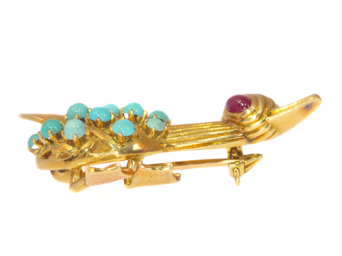 Vintage Fifties comical duck brooche with turquoises and ruby by Artista Desconhecido