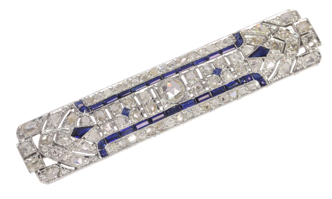 Vintage Art Deco platinum diamond and sapphire bar brooch by Unknown Artist
