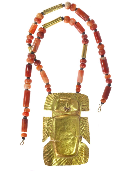 1200 years old Pre-Columbian gold pendant with carnelian necklace by Unknown Artist