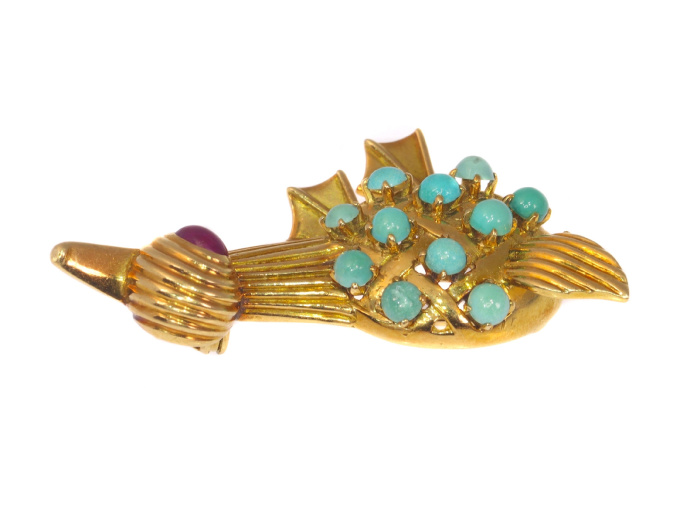 Vintage Fifties comical duck brooche with turquoises and ruby by Artiste Inconnu